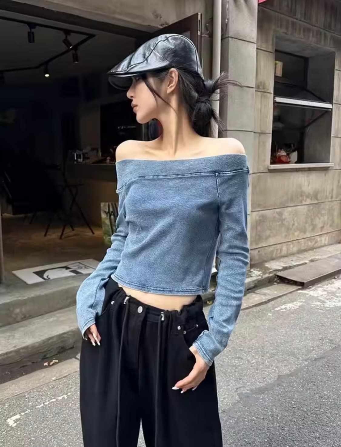 빈티지 갸루 핀터깔 y2k 워싱 데님 청 오프숄더 크롭 긴팔 티셔츠 상품이미지1