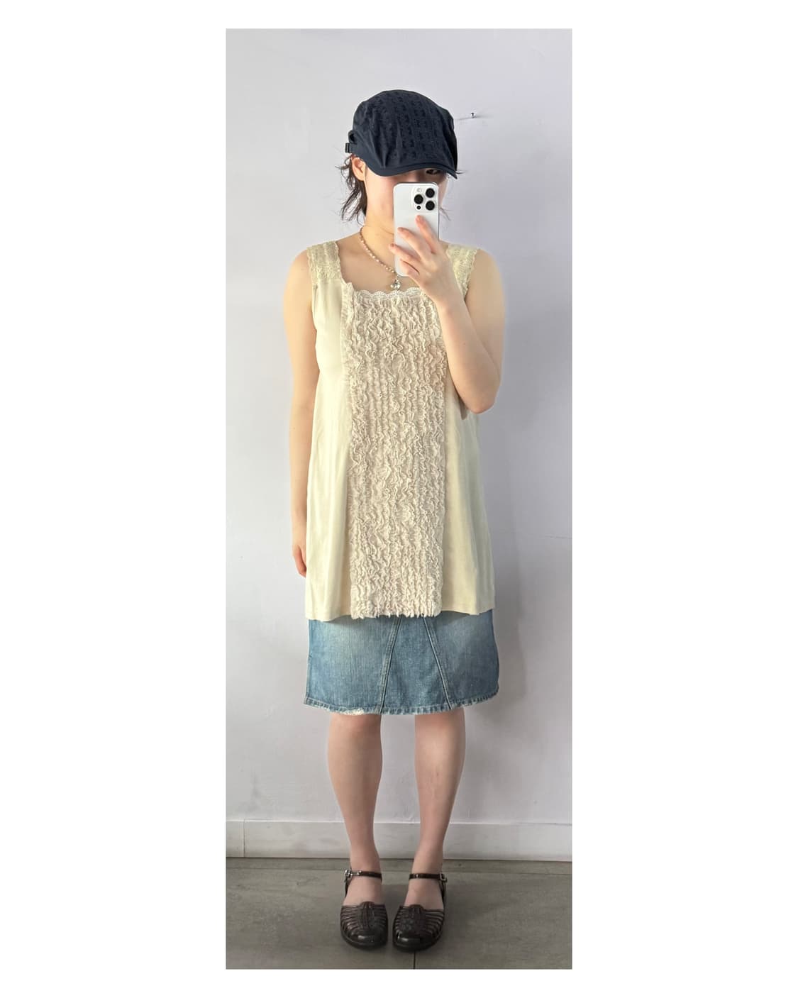 일본빈티지) 베이지 프릴슬리브리스 레이스 민소매 나시 상품이미지4