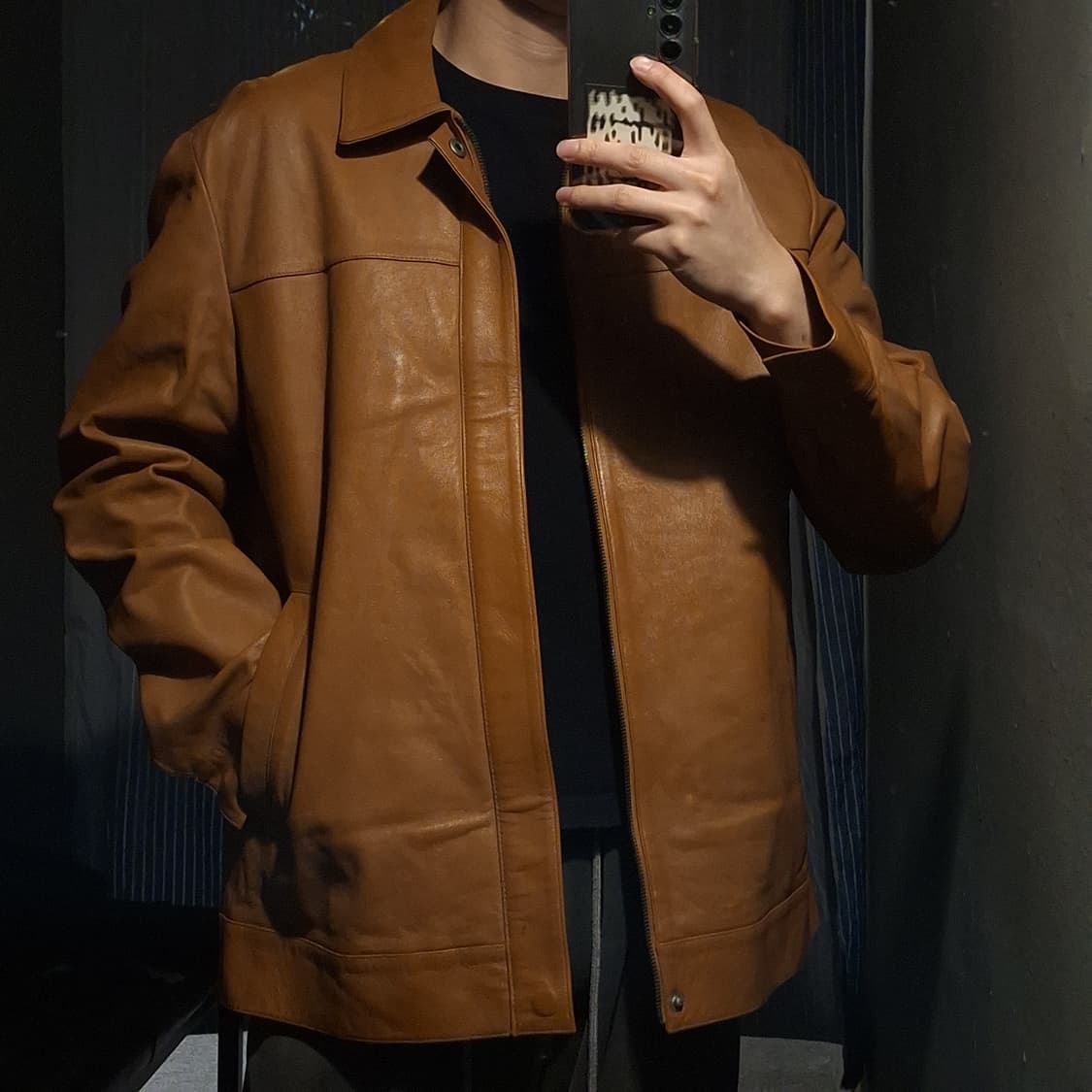 빈티지 카멜 브라운 카라넥 아메카지 양가죽 램스킨 레더자켓 가죽자켓 상품이미지3