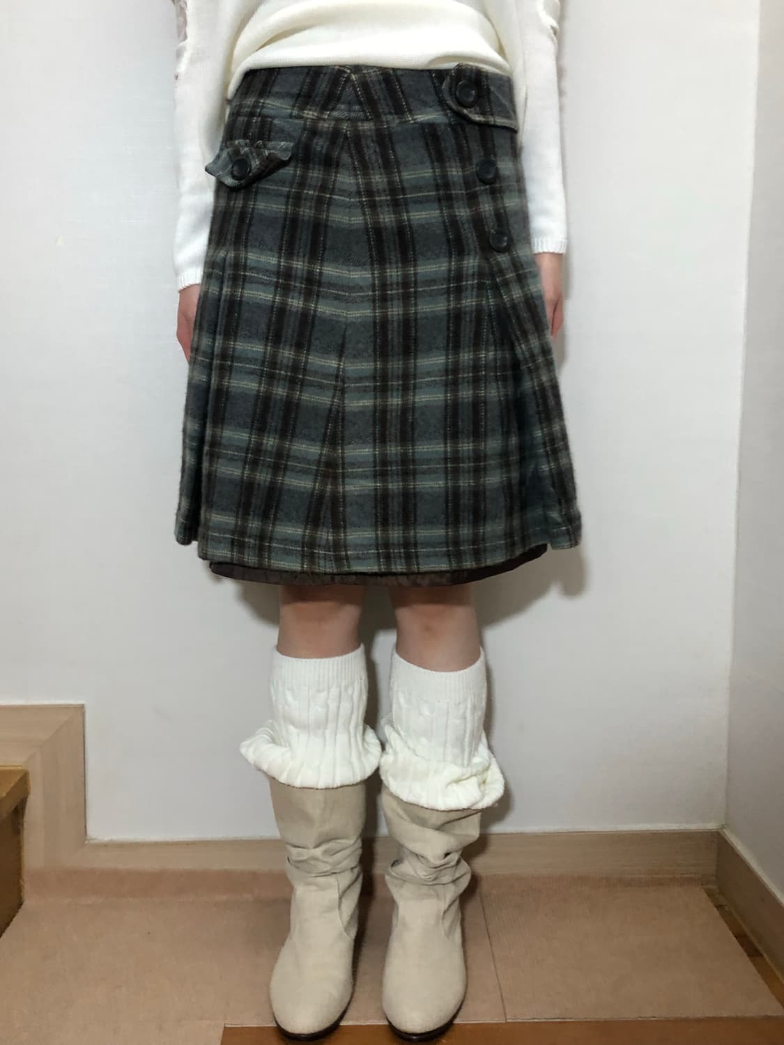 빈티지 그린 체크 울 미디 스커트 상품이미지1