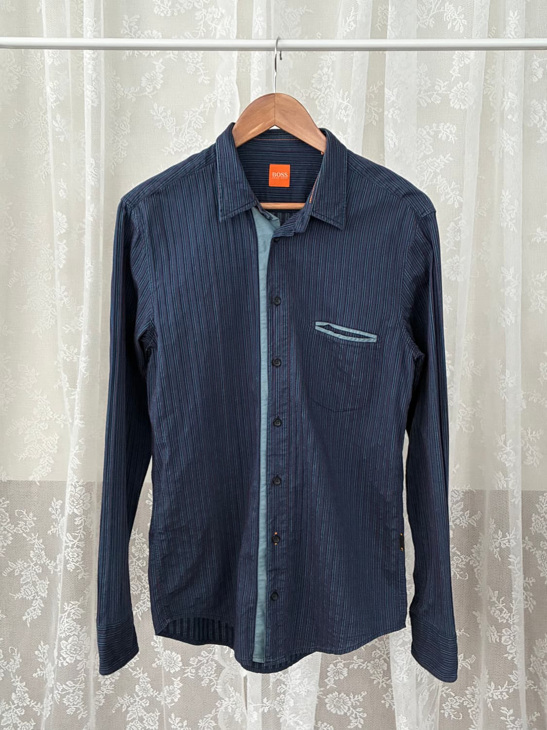 M) 휴고 보스 슬림핏 스트라이프 셔츠 네이비 상품이미지1