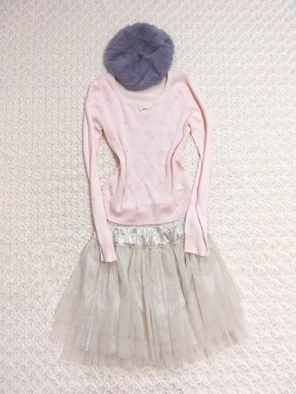jpn vintage babypink ribbon argyle pearl 상품이미지6