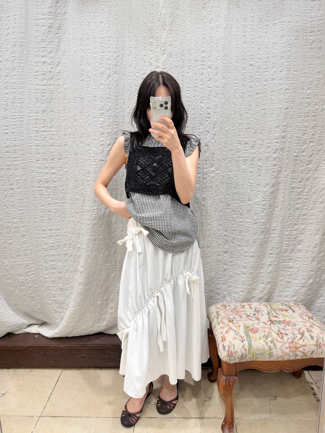 White ribbon shirred skirt 상품이미지2