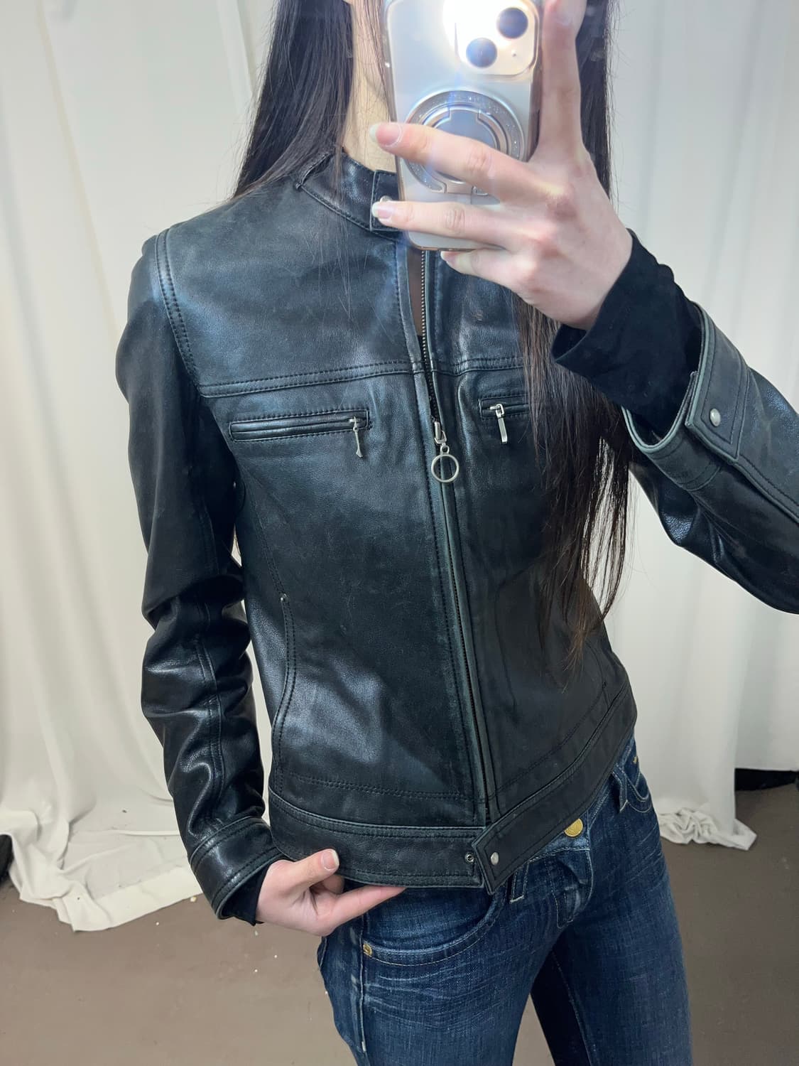 더블 지퍼포켓 블랙 레더 자켓 상품이미지5