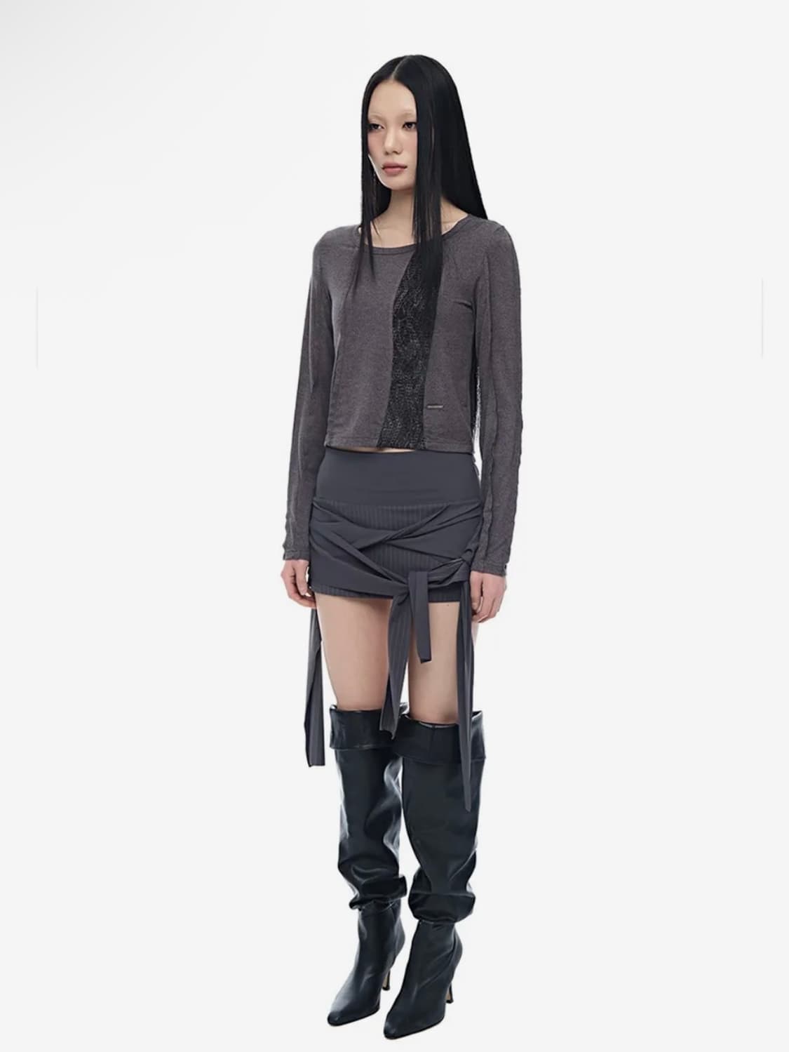 하프데빌어스 스트라이프 트위스트 랩 스커트_챠콜 상품이미지4