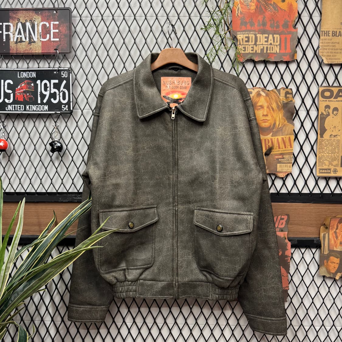 JPN VINTAGE 크랙 레더 자켓 루즈핏 투포켓 디테일 카키 상품이미지1