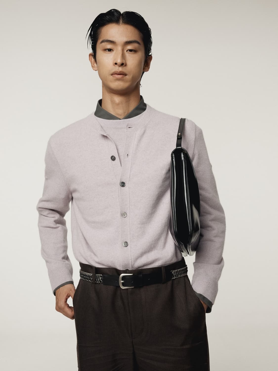 렉토 25FW 크루넥 레이어드 가디건 니트 라벤더 상품이미지1