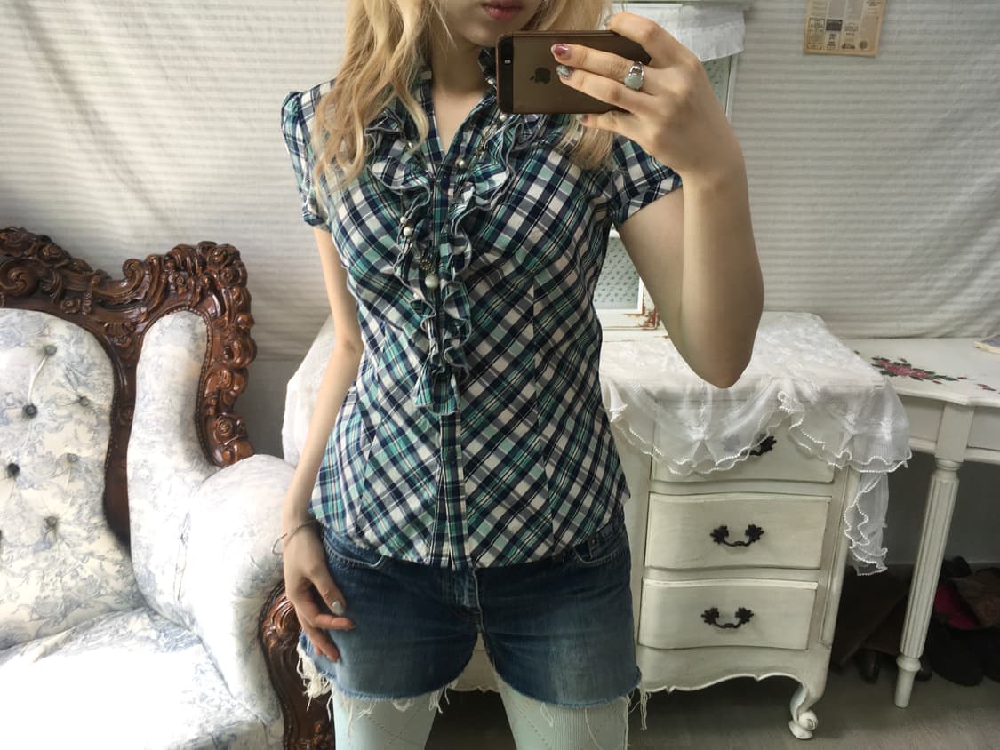 일본빈티지 핀터 민트 체크 러플 퍼프 블라우스 상품이미지2