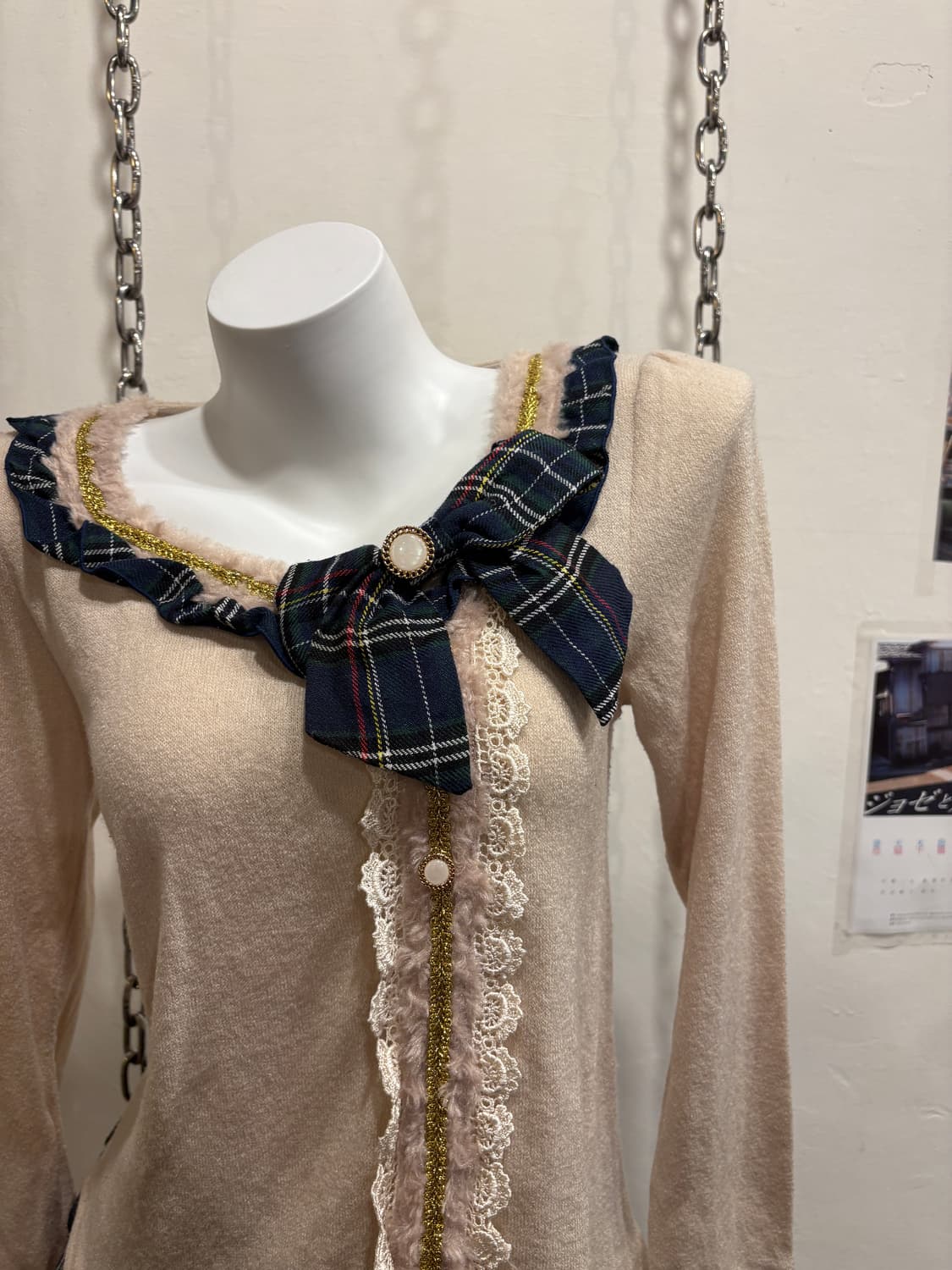 axes femme 엑시즈팜 퍼 체크리본 아이보리 니트 롱슬리브  상품이미지2