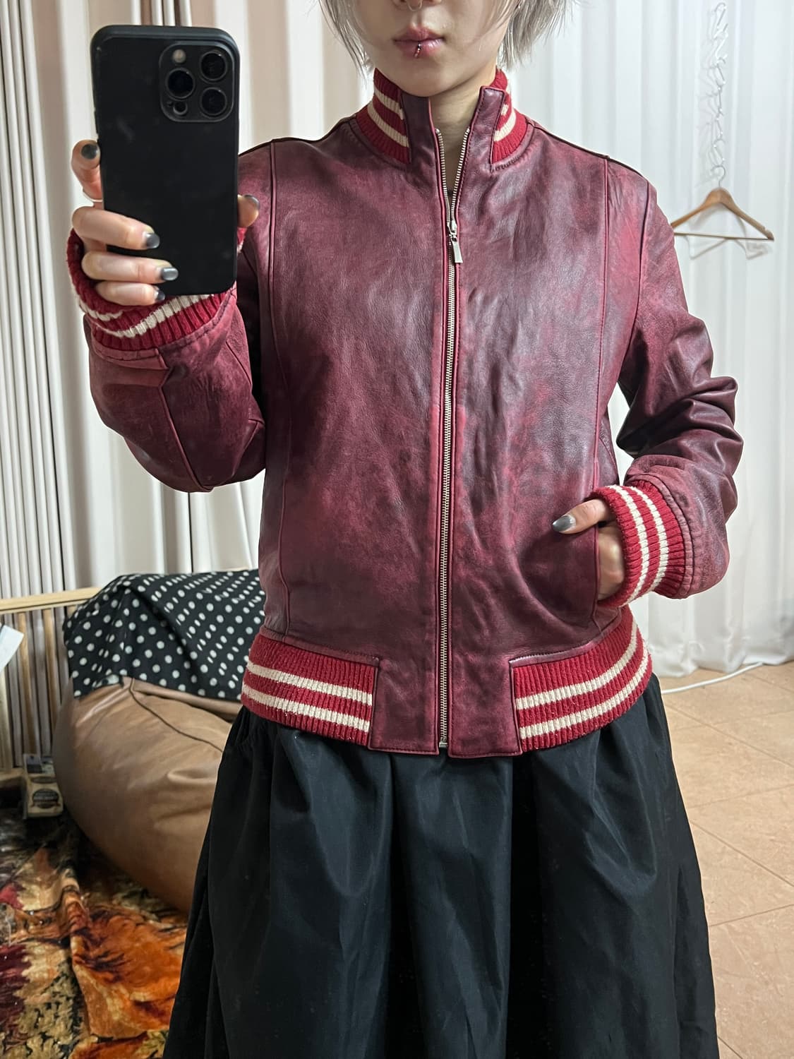 FNS 빈티지 핑크 에이징 양가죽 블루종자켓  상품이미지1