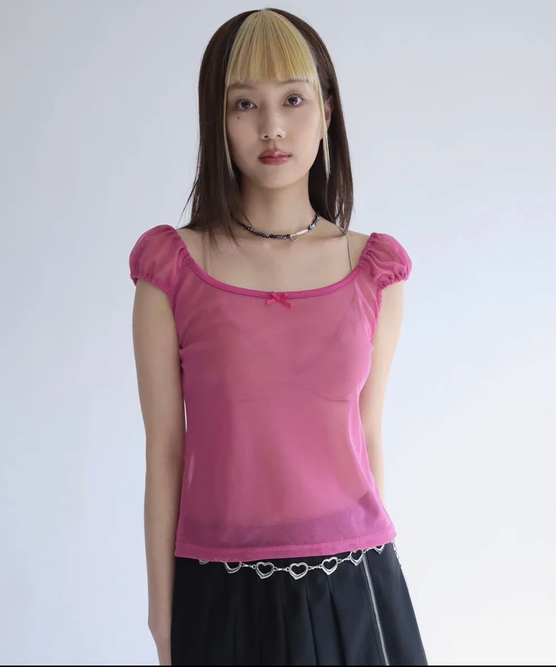 (뉴진스 해린 착용/단종 제품) 노피셜노피스 시스루 메쉬 리본 탑 핑크 상품이미지2