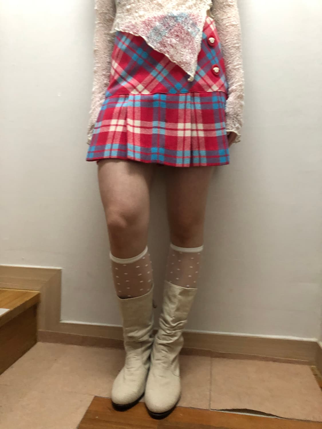 빈티지 핑크 블루 체크 미니 플리츠 스커트 상품이미지6