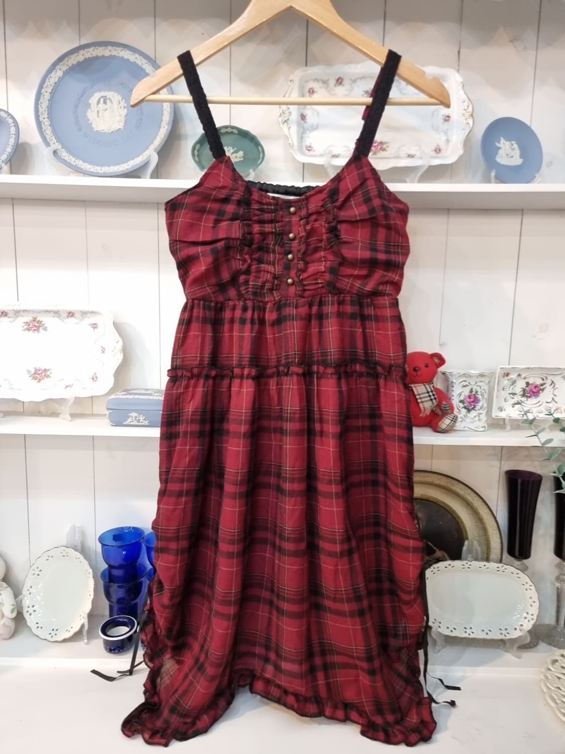 axes femme 레드 체크 프릴 슬립 원피스 상품이미지1