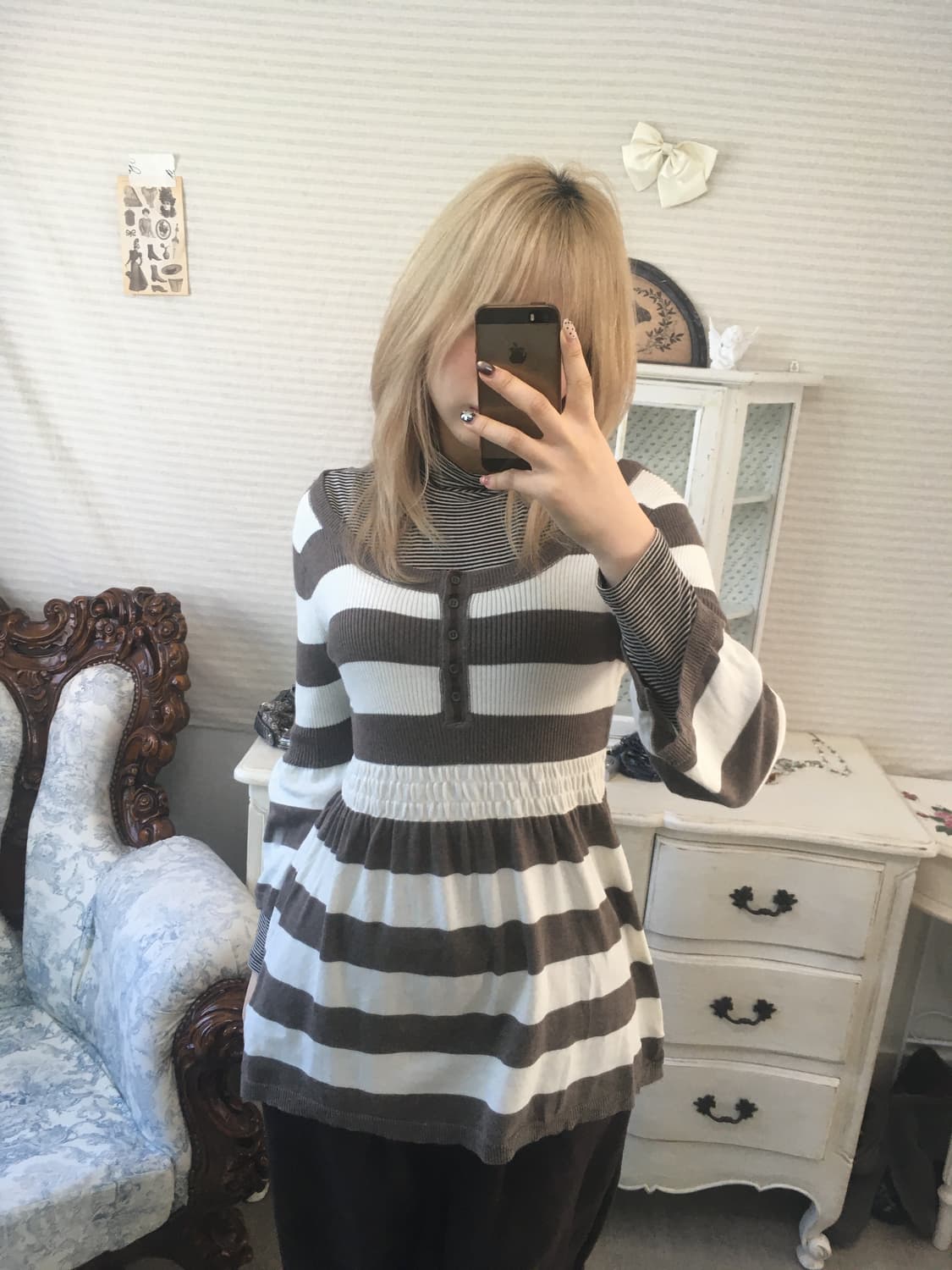 일본빈티지 브라운 스트라이프 프릴 니트 원피스 상품이미지2