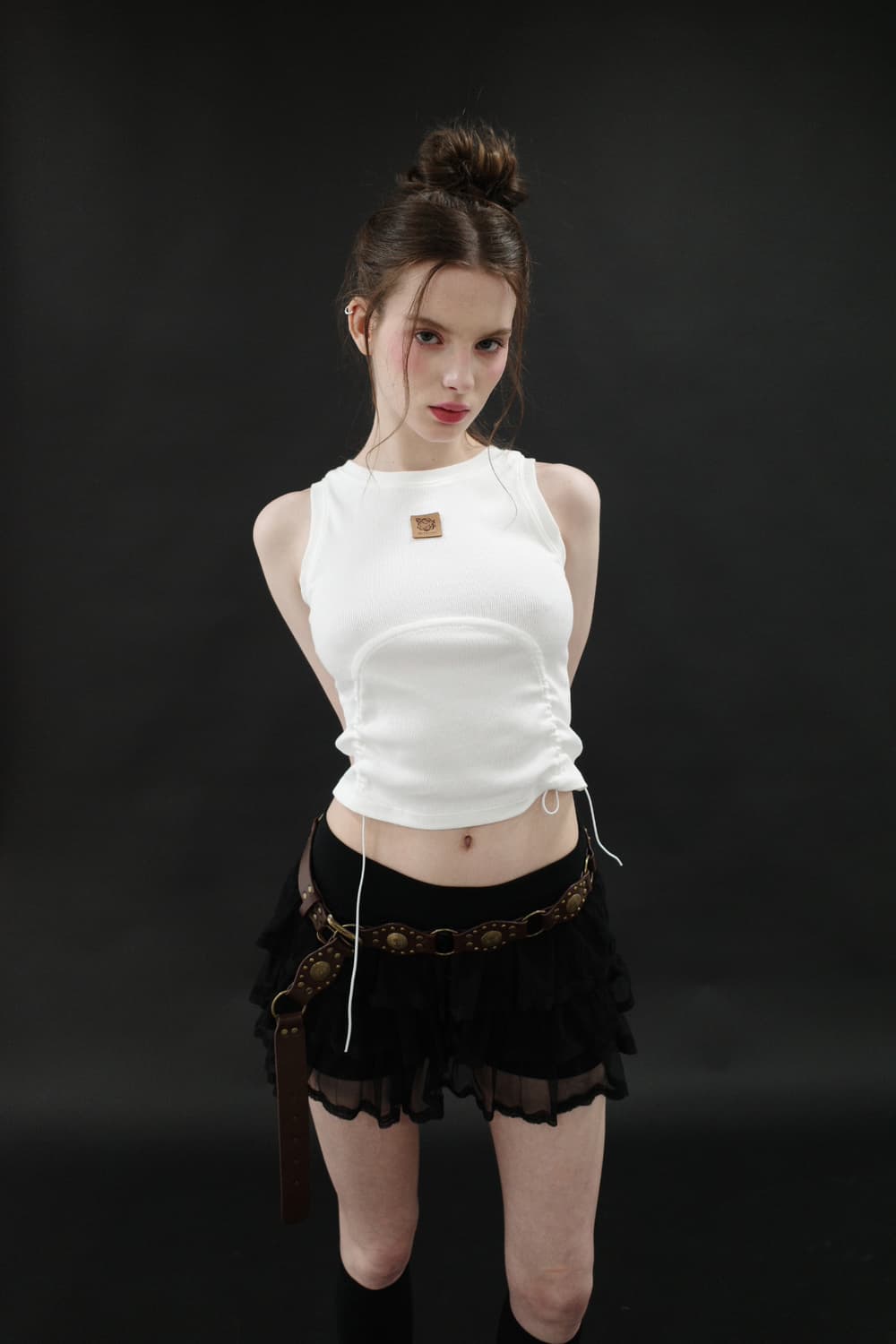 드라이로즈 터널 로고 슬리브리스 버터크림 옐로우레더와펜셔링스트랩홀터나시롤 상품이미지7