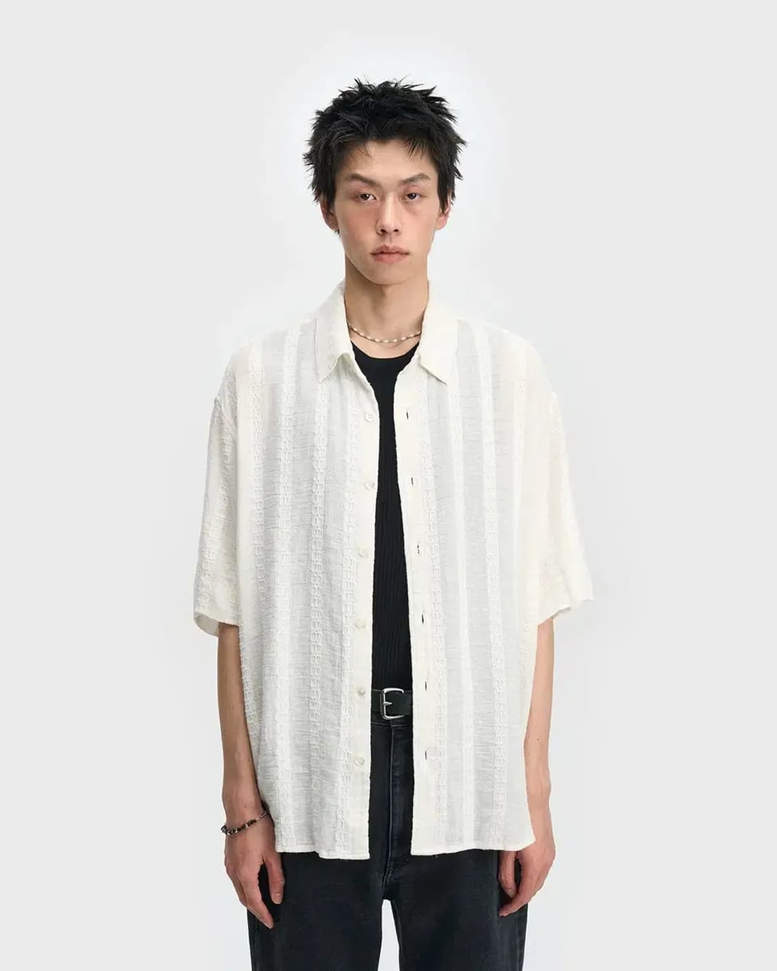 4) 벨리에 서피스 숏 슬리브 셔츠 - 시어 화이트 상품이미지1