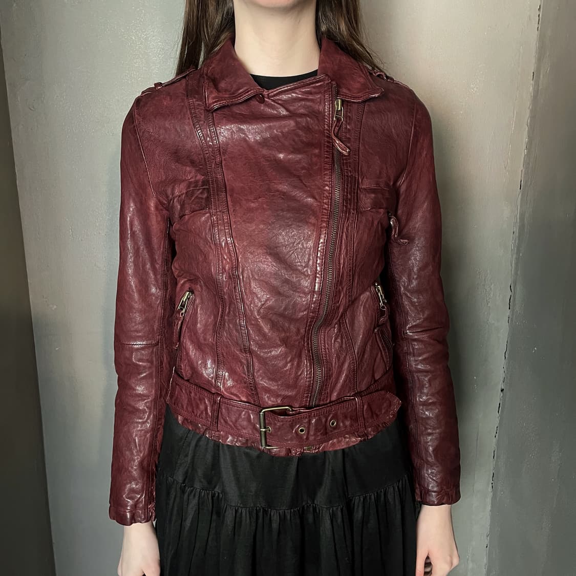 버건디 베지터블 레더 바이커 자켓 상품이미지1