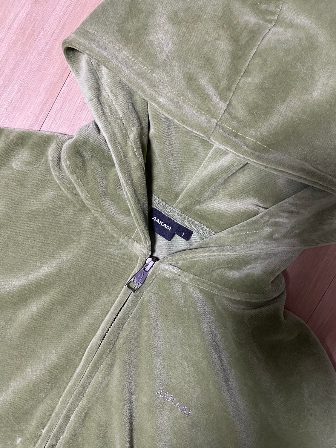 Rhinestone Velour Zip-Up Hoodie (Green) 상품이미지3