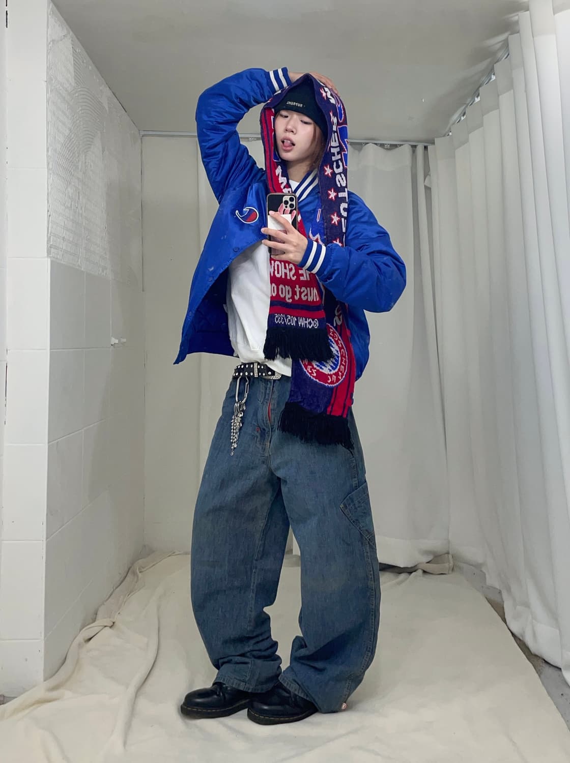 챔피온 블루 화이트 새틴 자켓 올드스쿨 스트릿 코디 세트 상품이미지3