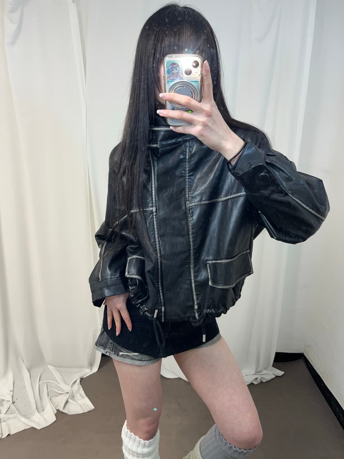 블랙 워싱 버튼 레더 자켓 상품이미지8