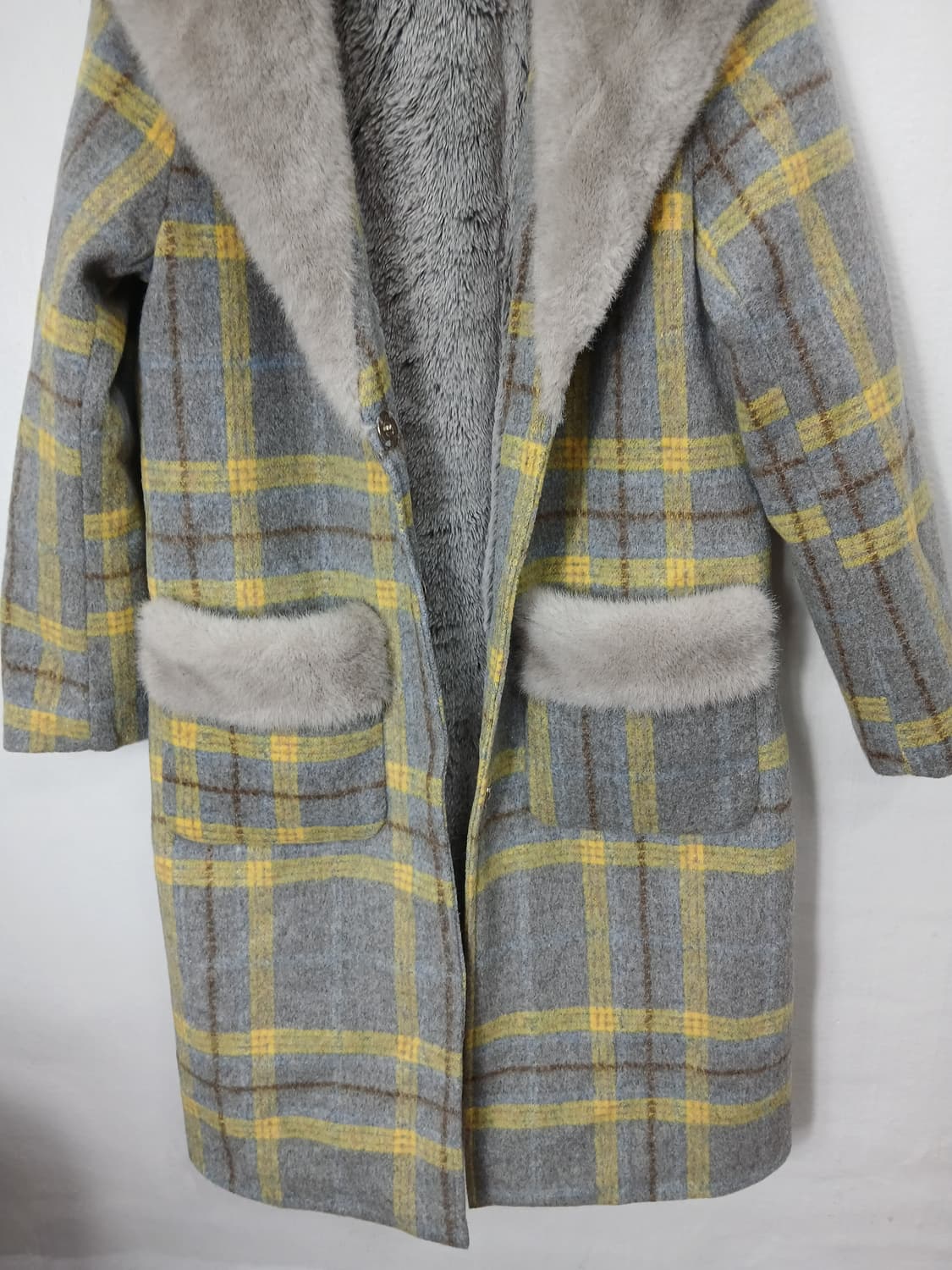 그레이옐로우 체크모직 밍크퍼 롱 코트 90 S 새제품 상품이미지3