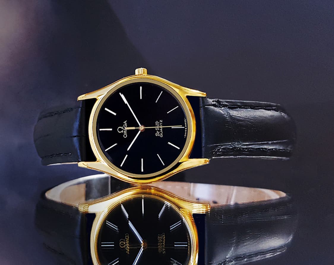 오메가 드빌 고급 블랙판 18K-GP 남녀공용 가죽 쿼츠 시계 상품이미지10