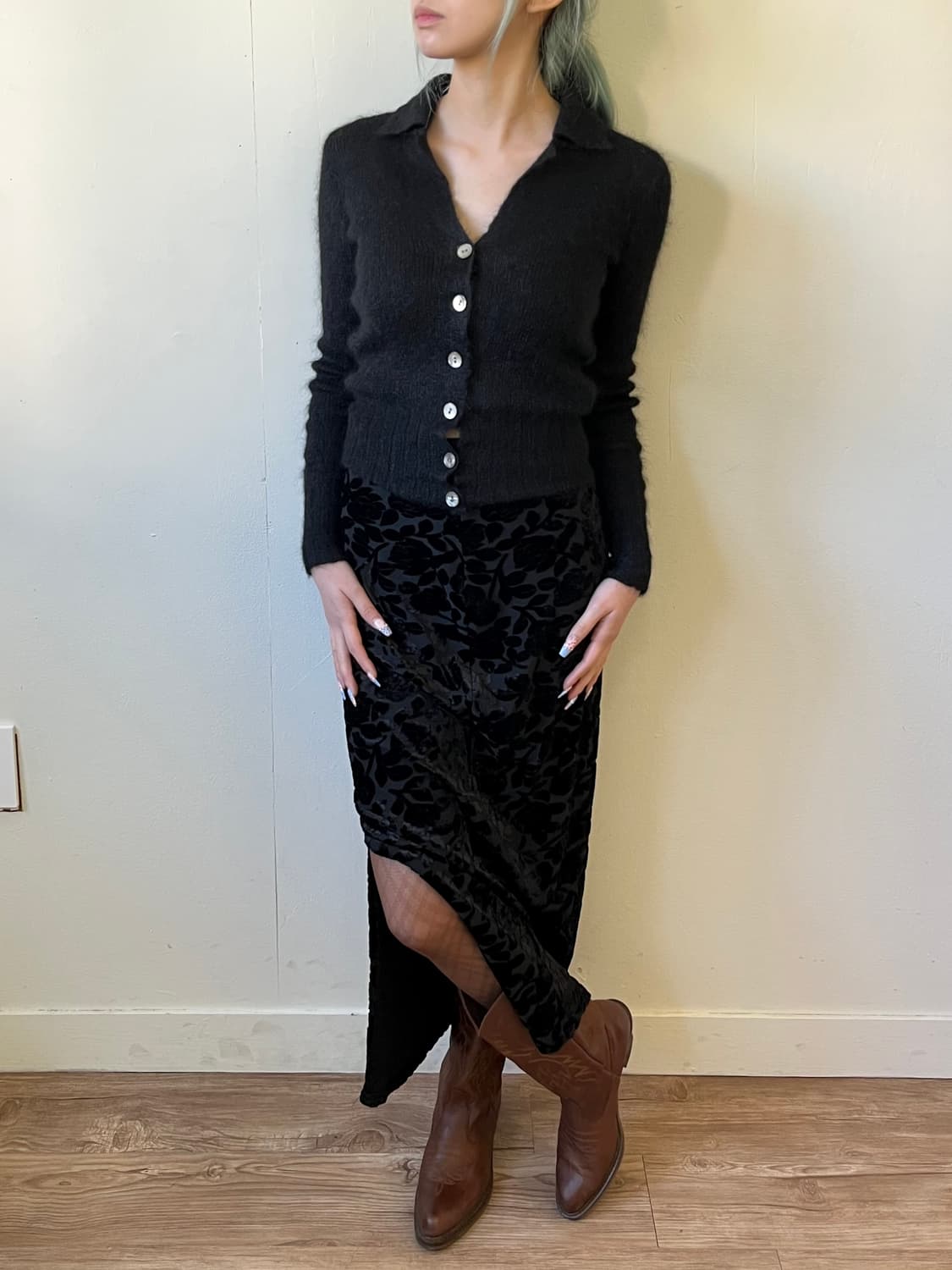 japan vtg 벨벳 플라워 밴딩 스커트 상품이미지4