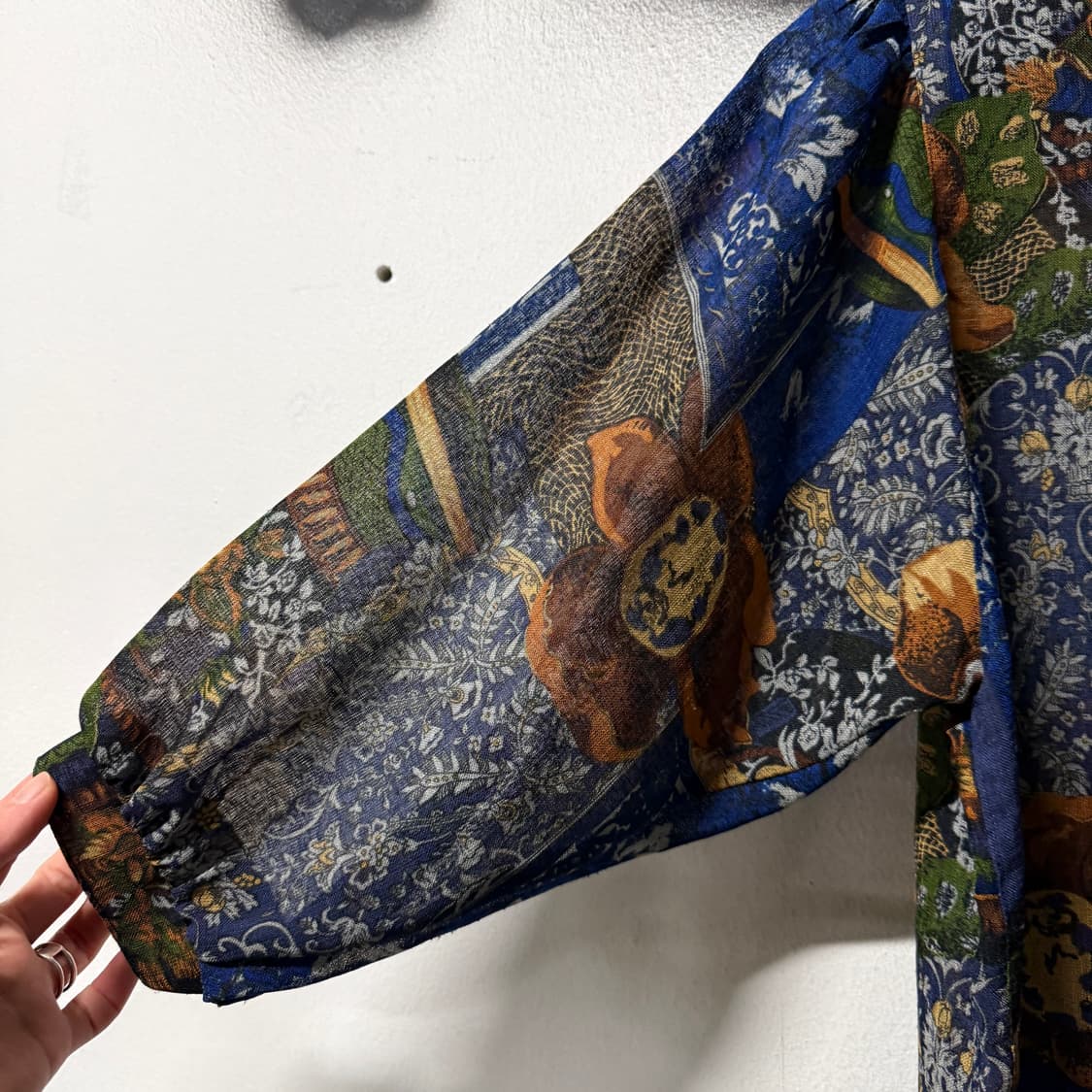 VTG 빈티지 에스닉 패턴 블루톤 논카라 긴팔 셔츠 블라우스 자켓 상품이미지4