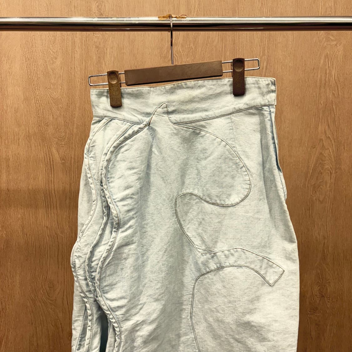 JPN 워싱 코튼 미디 스커트 패치 워크 입체 절개 라인 디테일 연청 상품이미지4