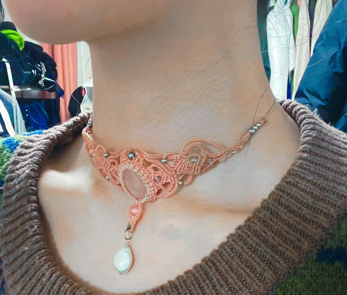마크라메로만 올핑크 천연 로즈쿼츠 초커 목걸이 진주 펄 상품이미지1