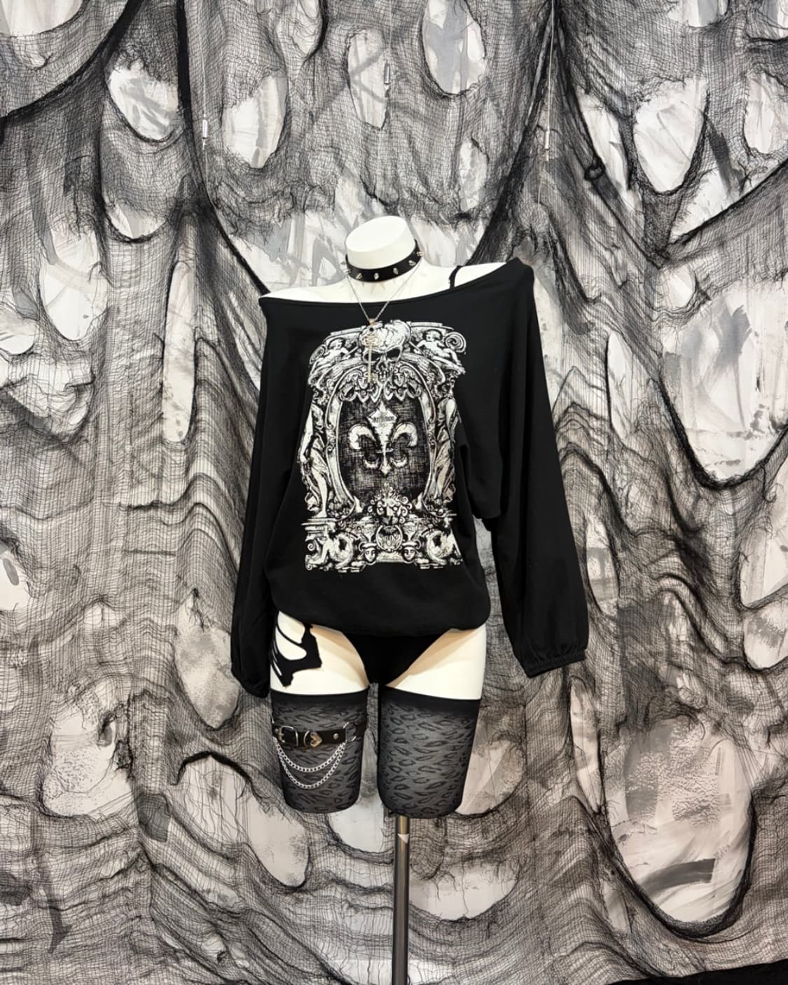 Gothic Y2K skull gored fit off-shoulder  상품이미지2