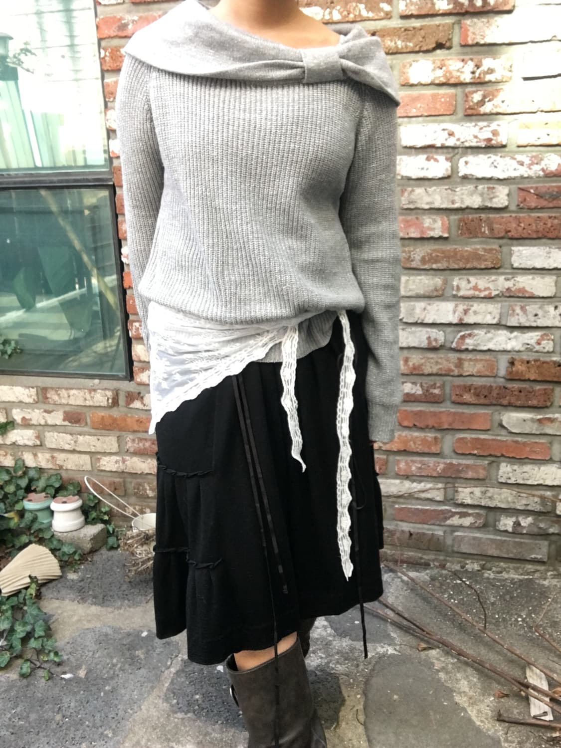 리본 오프숄더 보트넥 니트 상품이미지2