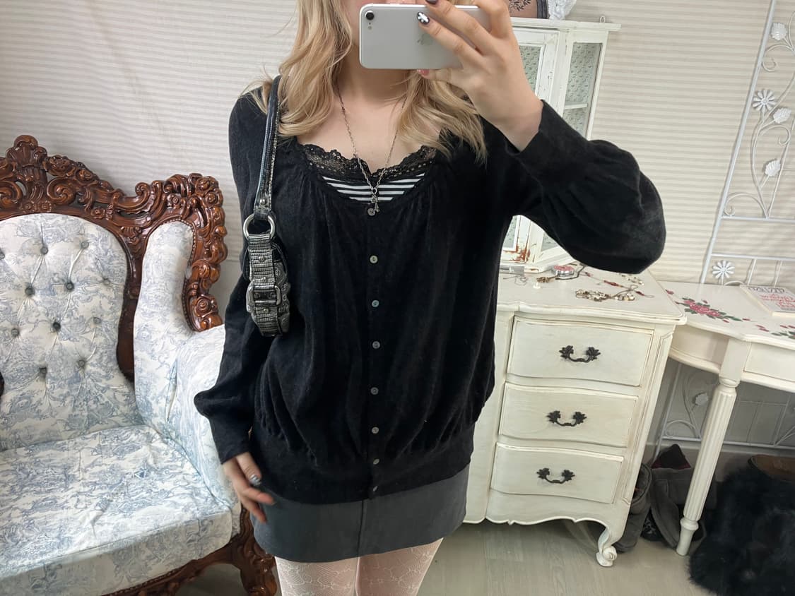 Set) 블랙 프릴 가디건 + 스트라이프 레이스 나시 상품이미지2