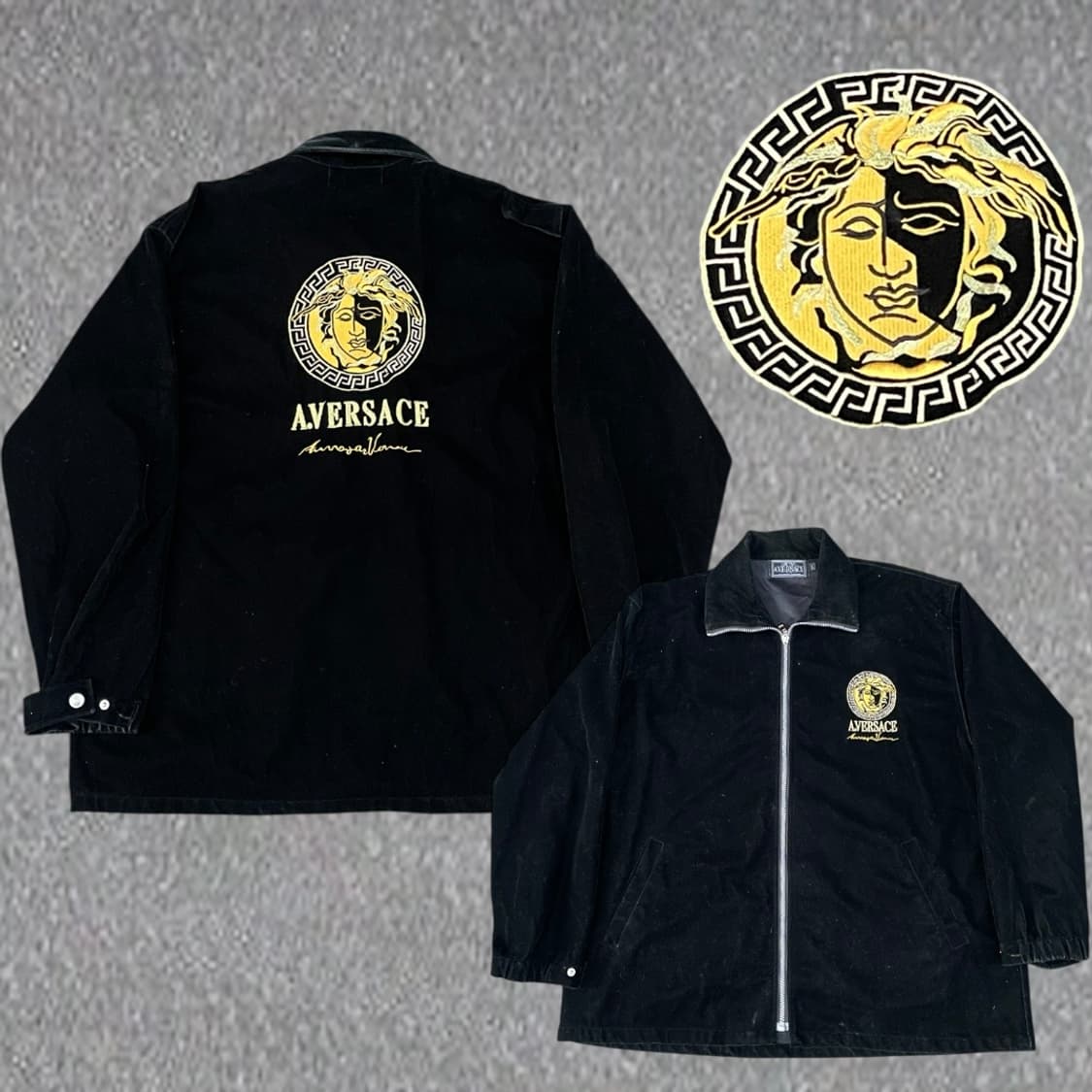 90s 베르사체 메두사 스웨이드 벨벳 사틴 블루종 올드스쿨 자켓 XL 상품이미지1