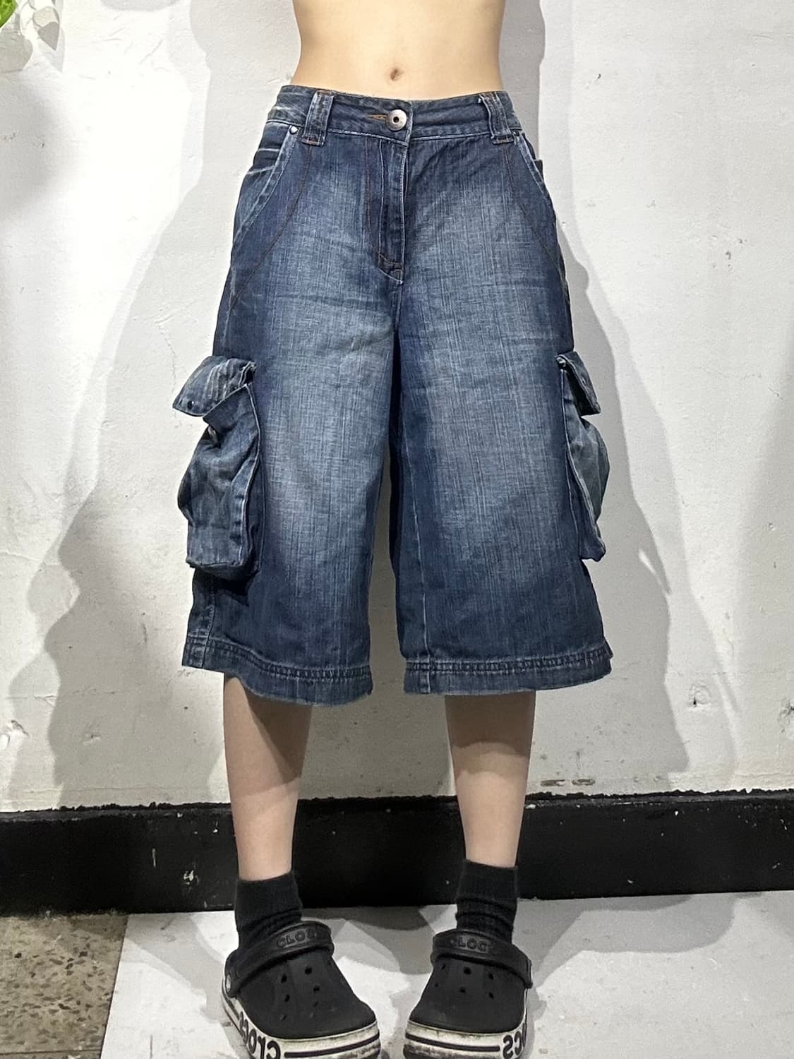빈티지 진청 데님 반바지 청 카고 버뮤다 와이드 팬츠  상품이미지2