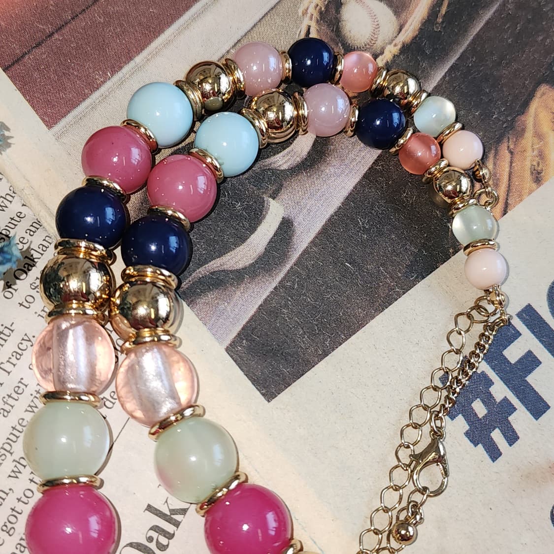 90s 프랑스 빈티지 앤티크 골드 포인트 멀티 컬러 비즈 목걸이 상품이미지3