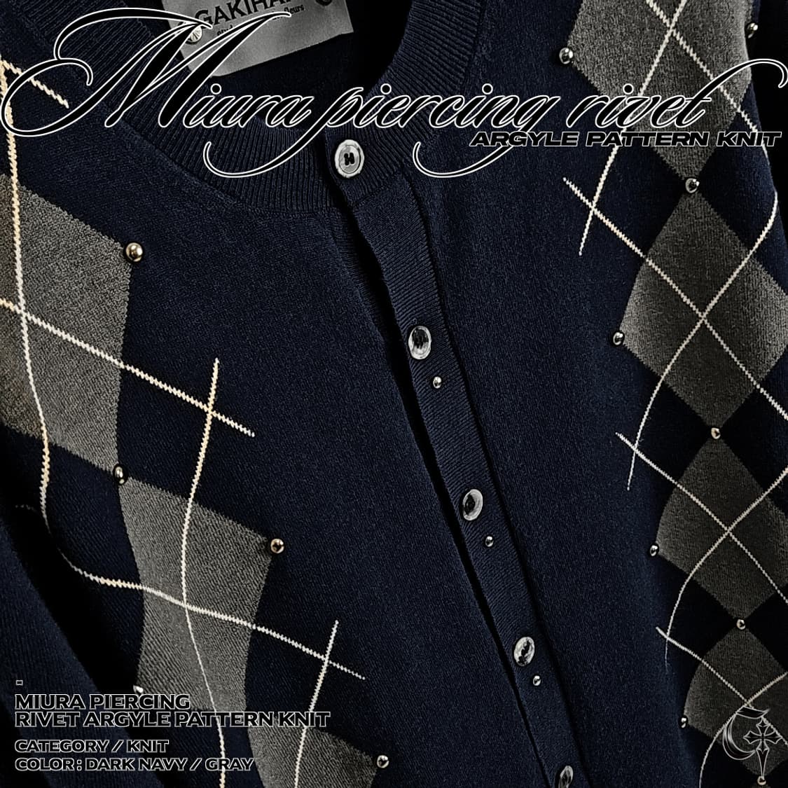 Miura 피어싱 리벳 아가일 패턴 니트 (dark navy) 상품이미지3