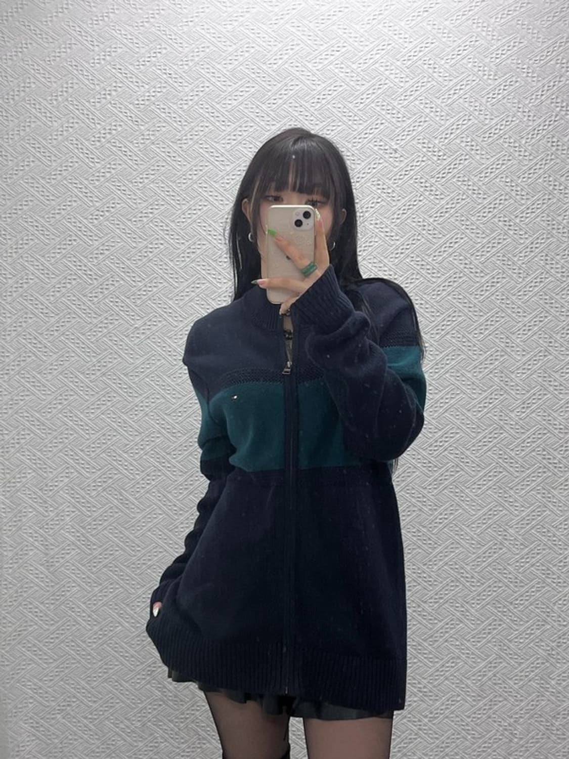 타미힐피거 올드스쿨 레트로 딥그린 배색 니트 집업 가디건 M C09337 상품이미지1