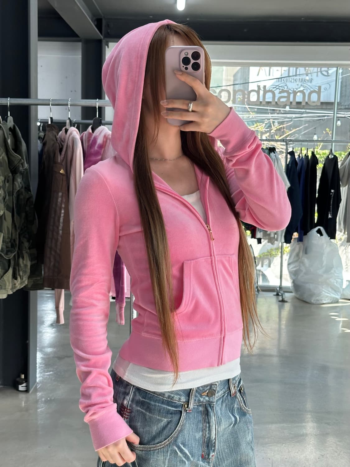 쥬시꾸뛰르 크라운 윙 큐빅 벨루어 후드집업 핑크 상품이미지3