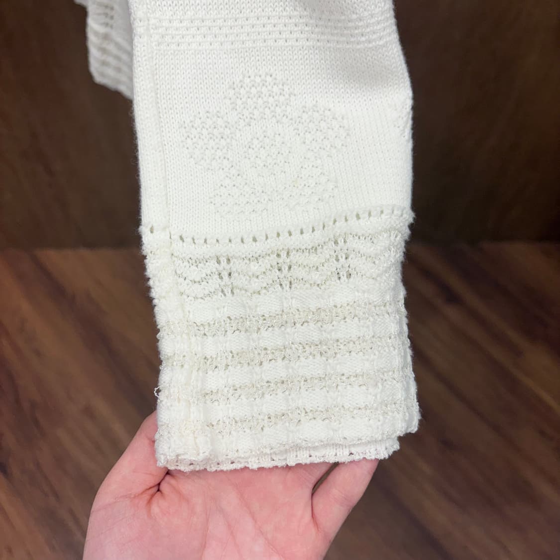 메리퀀트 런던 후드 니트 가디건 스트라이프 레이스 조직 디테일 화이트 상품이미지6