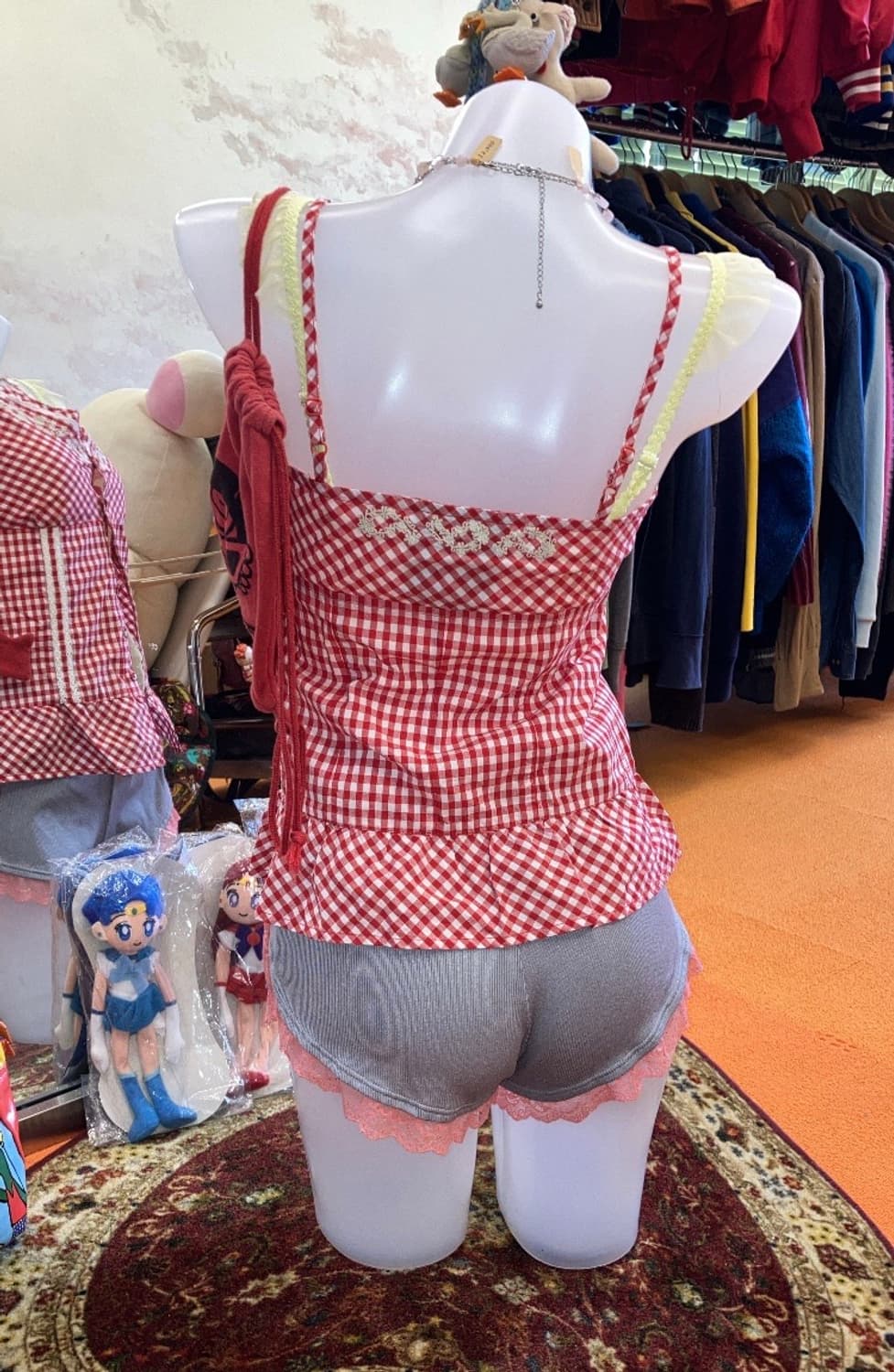 빈티지 레드 깅엄체크 레이스 슬리브리스 상품이미지5