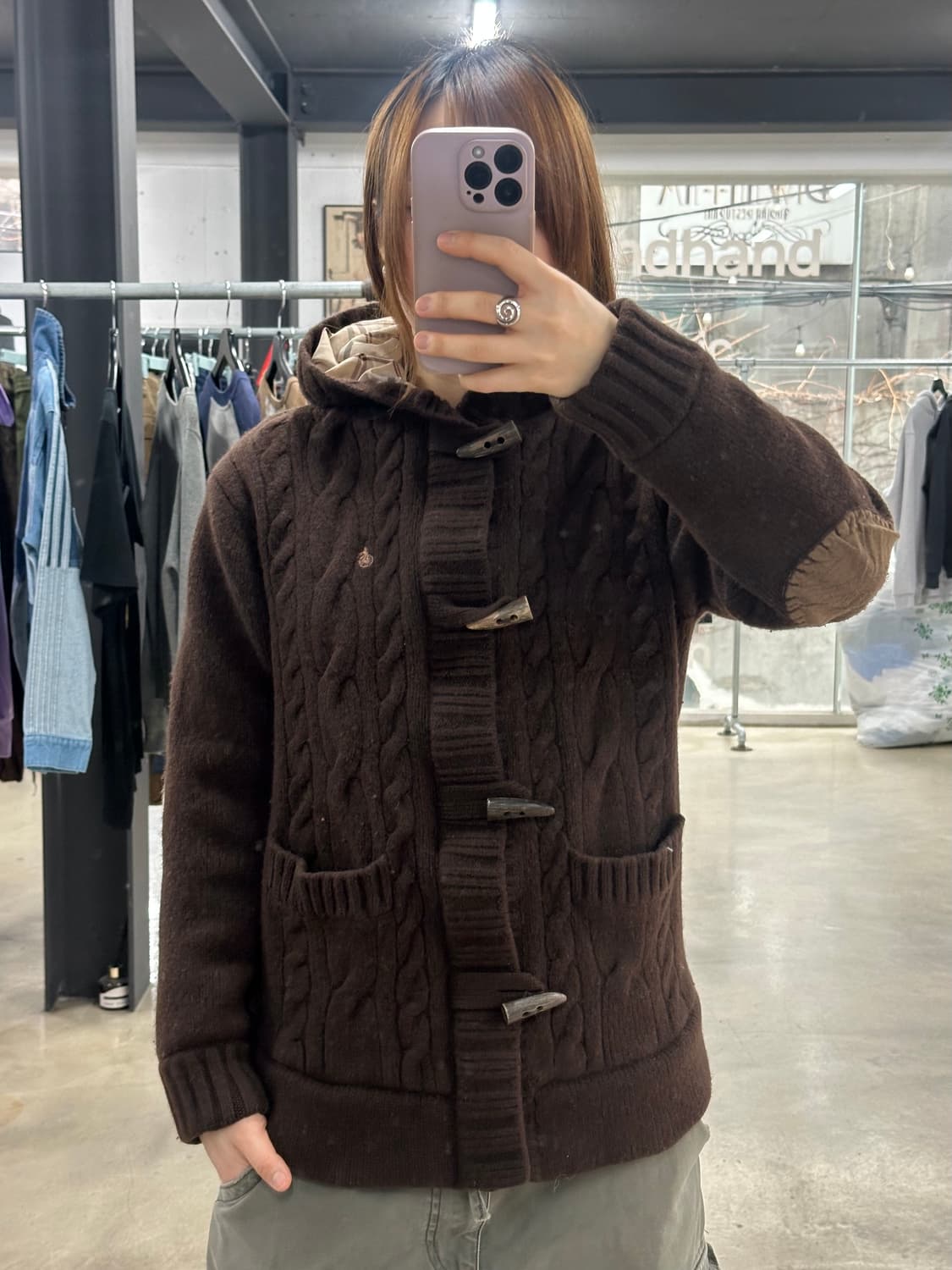 빈폴 초코체크 암패치 꽈배기 더플니트자켓  상품이미지1