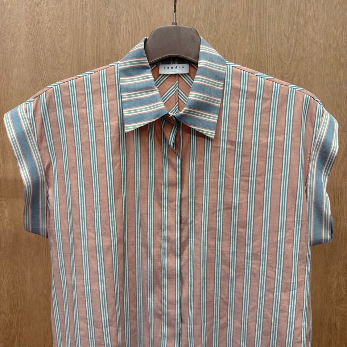 산드로 멀티 스트라이프 반팔 셔츠 블라우스 민트 코랄 배색 상품이미지4