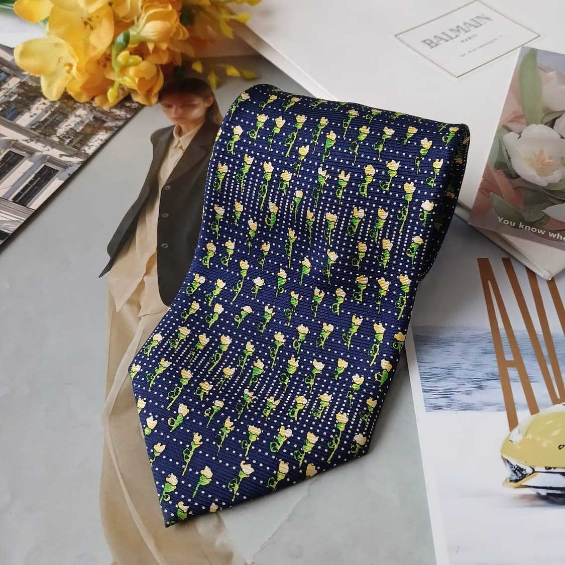 발망 실크 네이비 플라워 패턴 넥타이 9.8cm A+등급 A19307
 상품이미지4