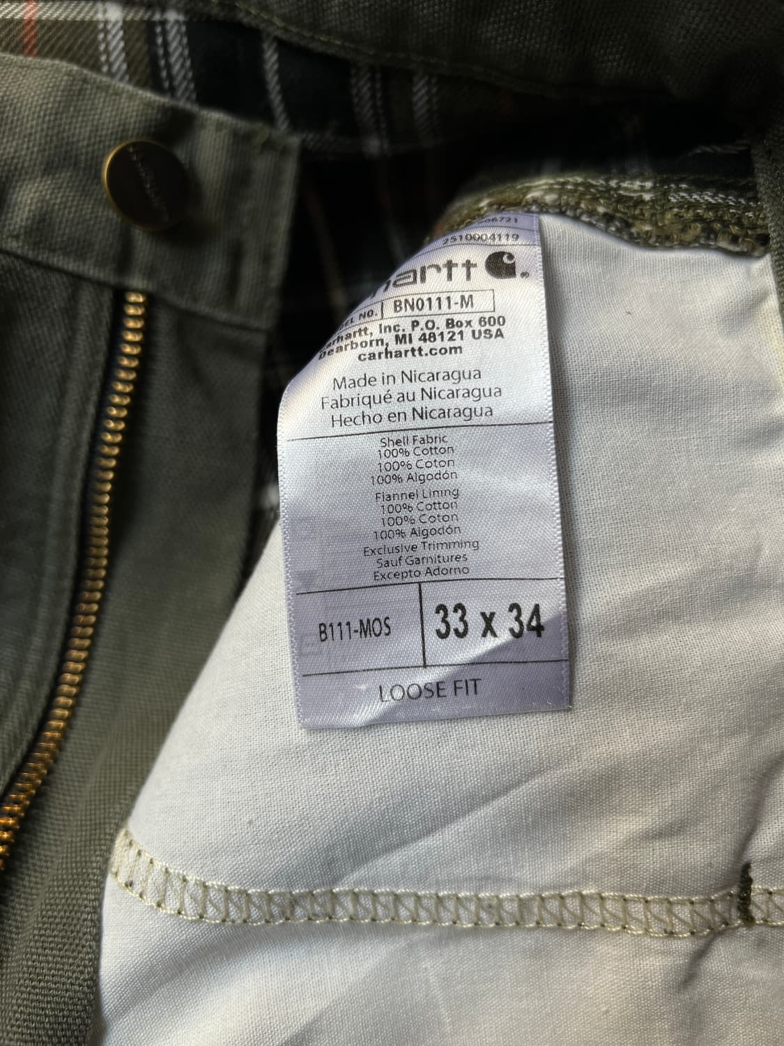 [33]칼하트 USA 체크 라이닝 모스그린 싱글니 카펜터 워크 팬츠 상품이미지4