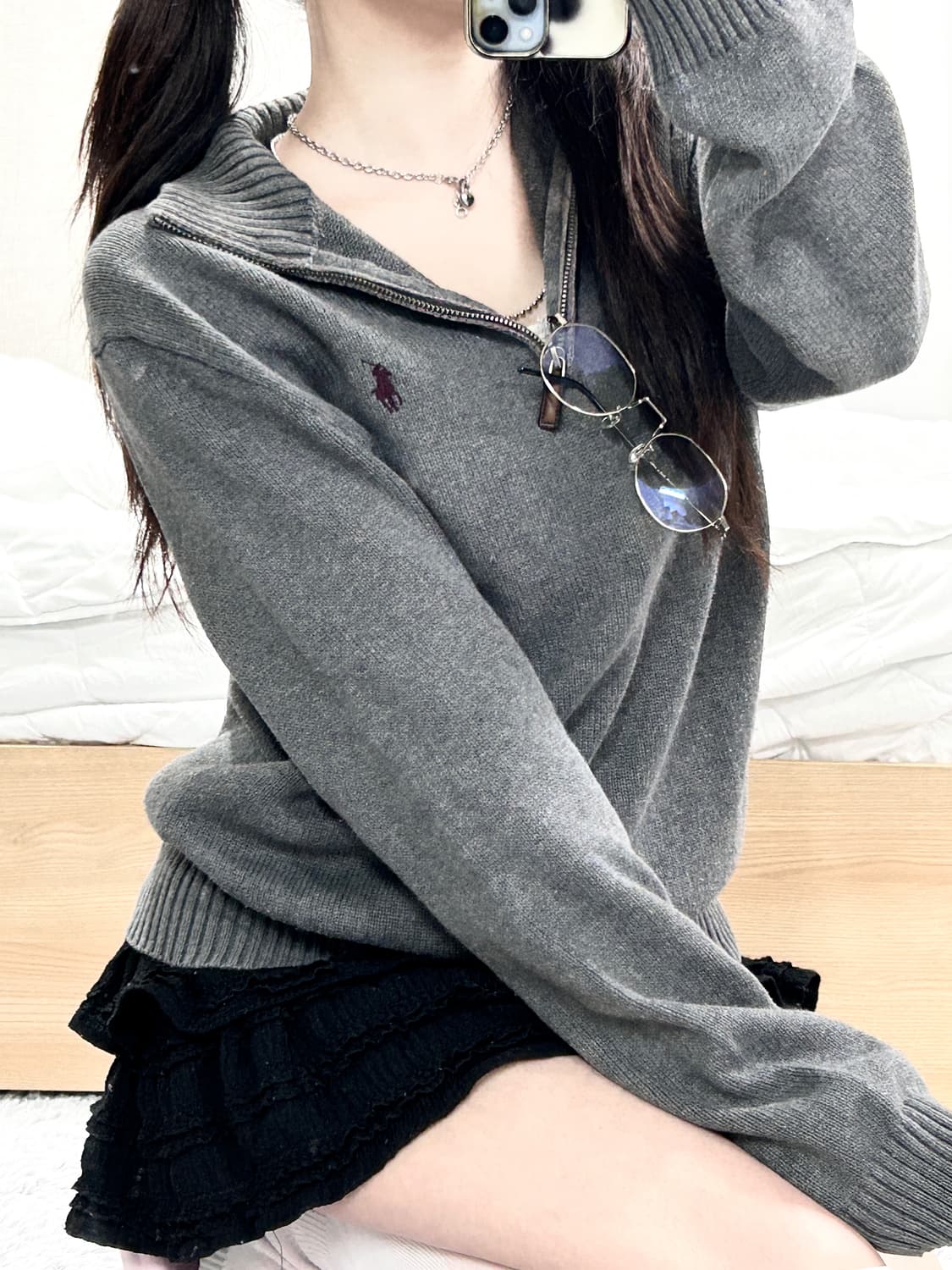 폴로 버건디포니 그레이 반집업 니트 상품이미지1