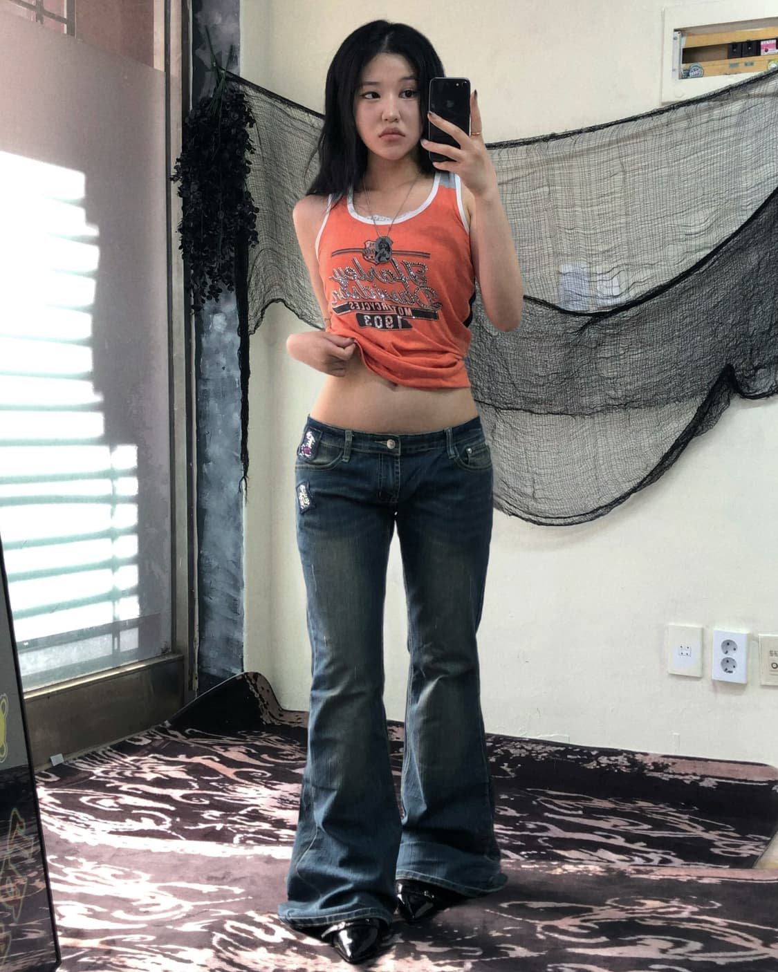 00’s Y2K 큐빅 자수 패치 워싱 부츠컷 팬츠 상품이미지2