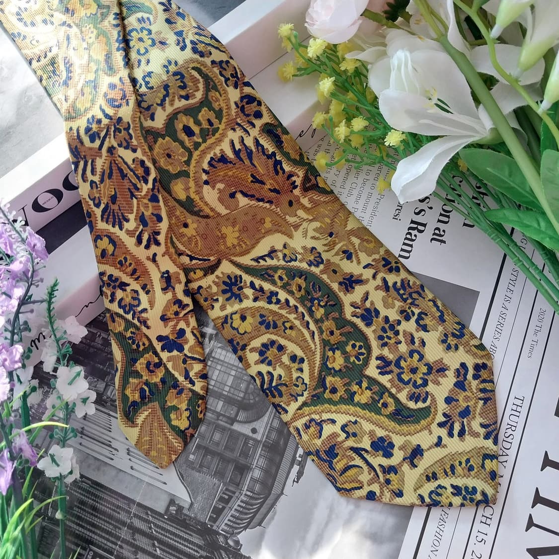 세루티 실크 골드 플라워 아트워크 넥타이 9.1cm A등급 K1368
 상품이미지3