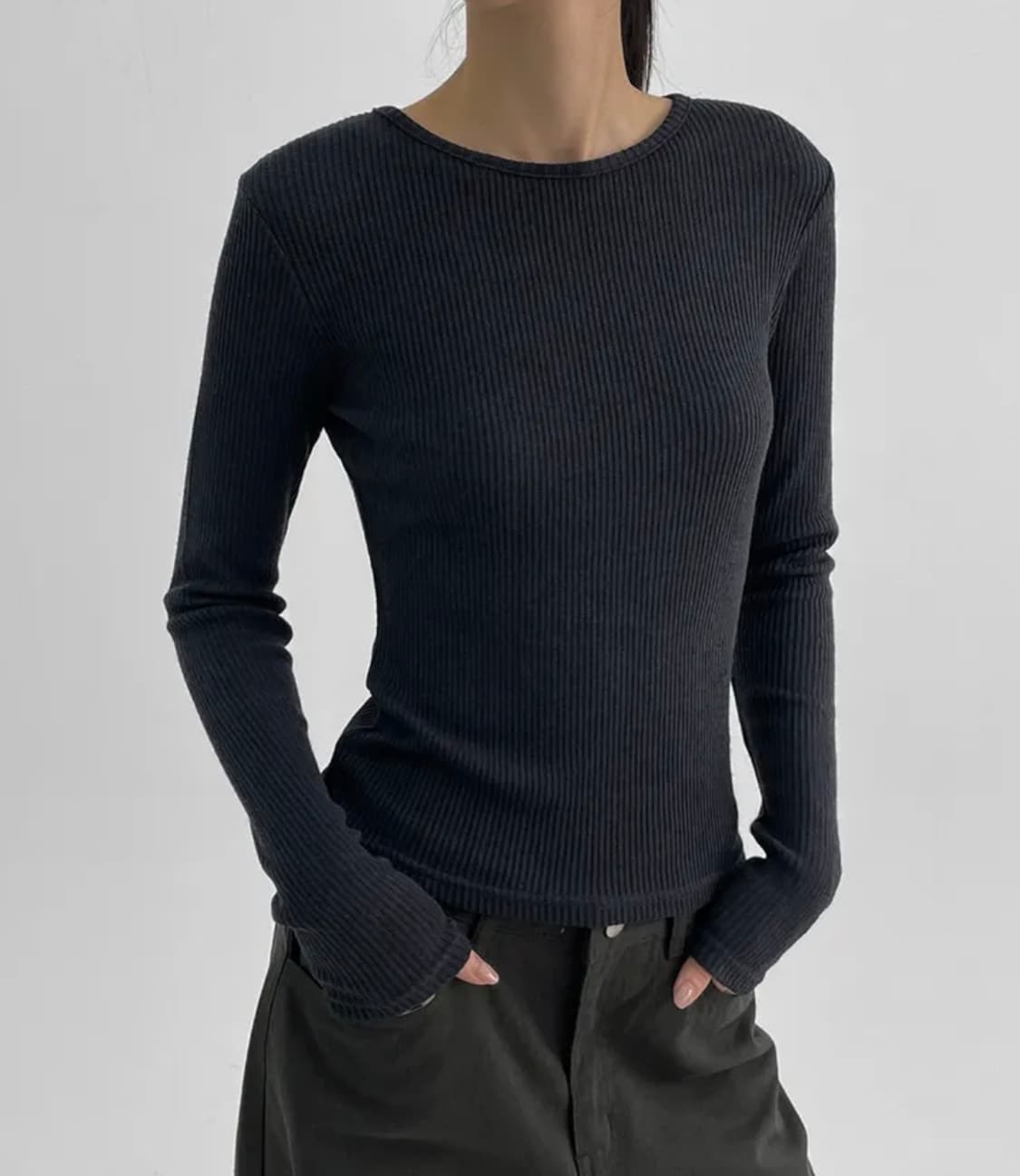 BLACKUP 블랙업 루카스 골지 니트 긴팔 티셔츠 네이비 에이블리 상품이미지2