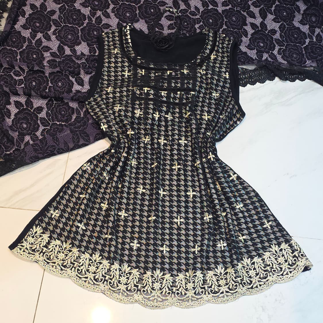 일본빈티지)블랙 하우스투스 고딕로리타st 갸루레이스 망사 슬리브리스튜닉 상품이미지1